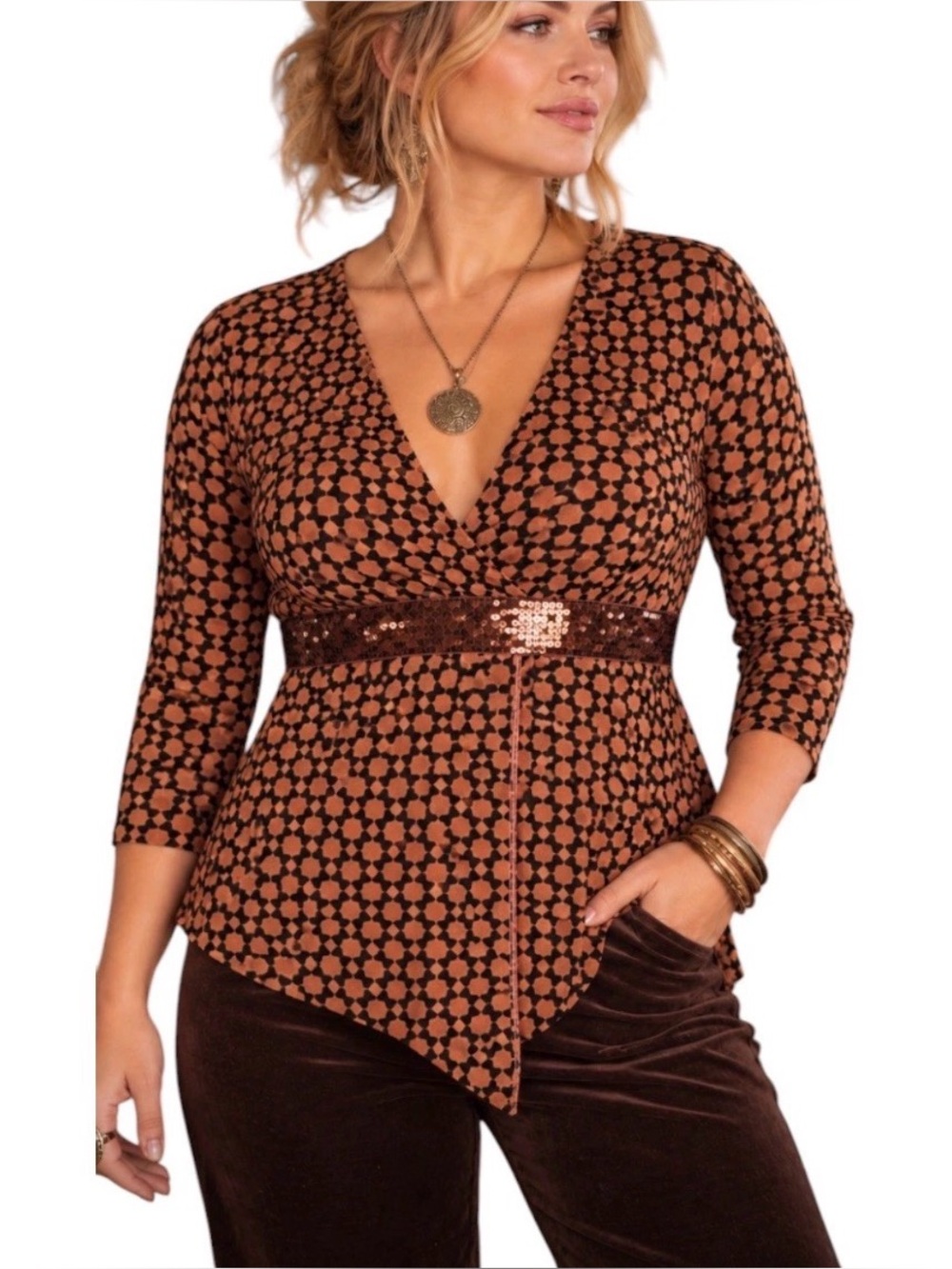 Cocomo Sequin Blouse Size XL Large Orange Black Mod Print Asymmetrical Hem New